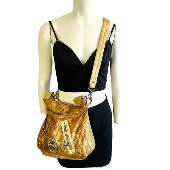 KATHY VAN ZEELAND GOLD CROSSBODY BAG FAUX DIAMOND SHOULDER Y2K  LEATHER BAG - Picture 1 of 14